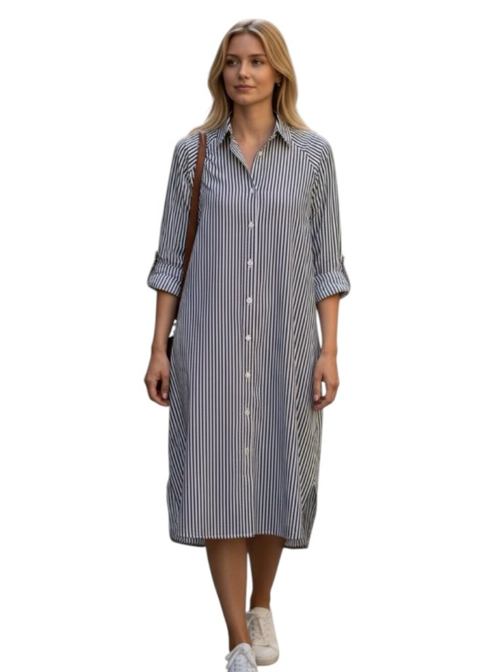 Michael Kors Shirt Dress Womens Medium Gray Striped Roll Tab Sleeve Casual